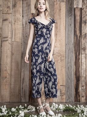 .J.O.A. printed Navy and White Paisley Ruffle-Strap Jumpsuit